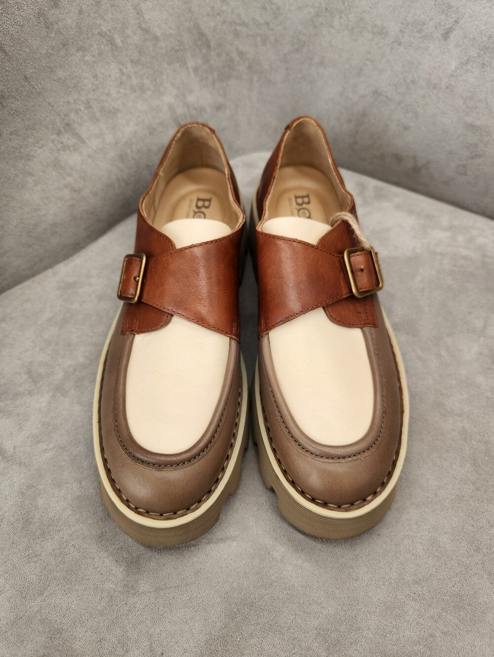 Born Loafers 9.5 Brown Taupe Cream Leather Sammi Monk Strap Lug Chunky New $170